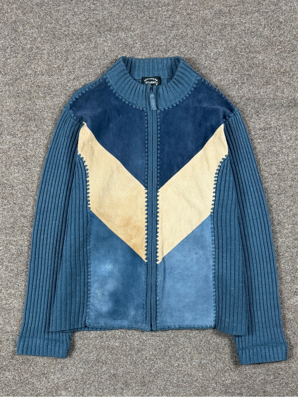 Vintage Blue Suede Leather Colorblock Zip Up Cardigan Sweater Jacket Women’s L - Picture 2 of 9